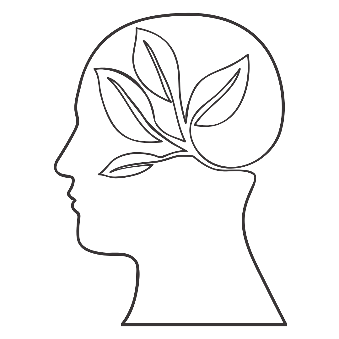 silhouette of a head with minimalist sprouting leaves in the brain area.